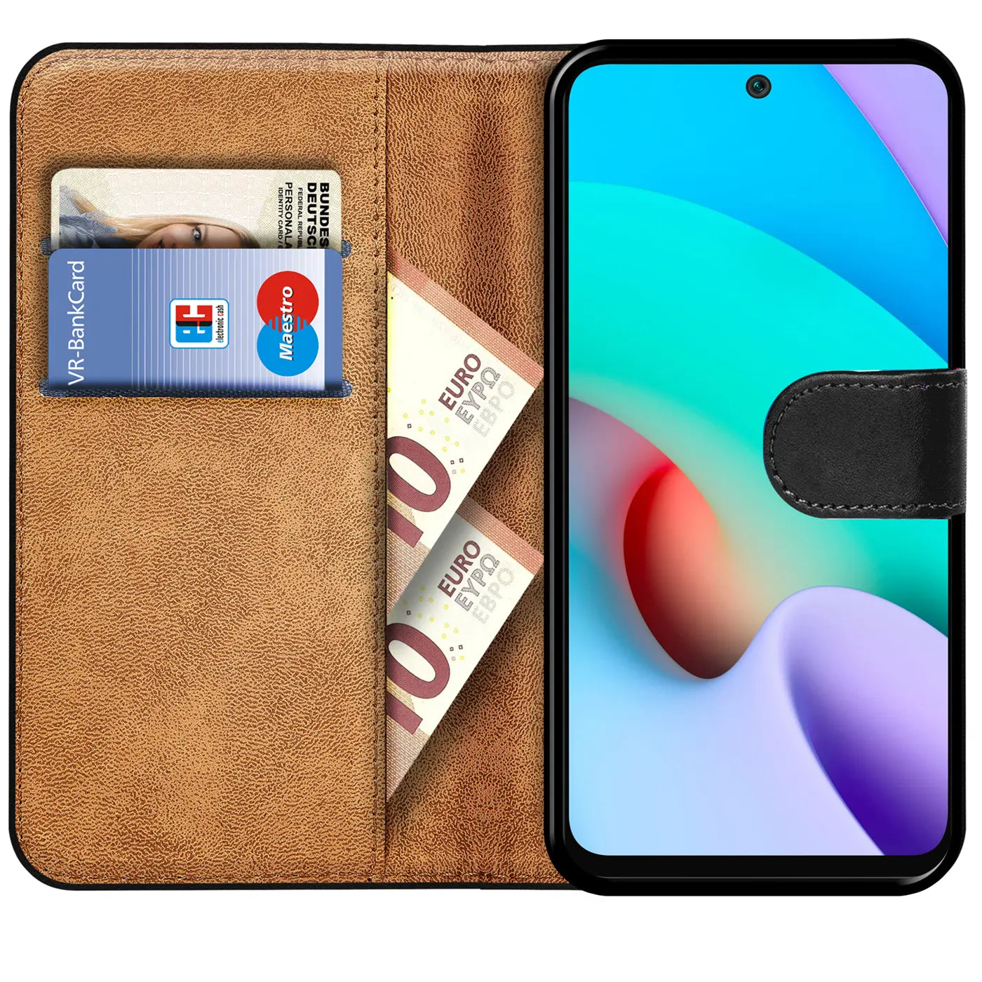 Braune Kunstleder-Klapphülle mit Kartenfächern und Xiaomi Redmi 10, von vorne