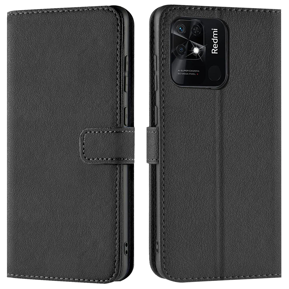 Schwarze Leder-Klapphülle mit Kartenfächern, Vorder- und Rückansicht, für Xiaomi Redmi 10C.