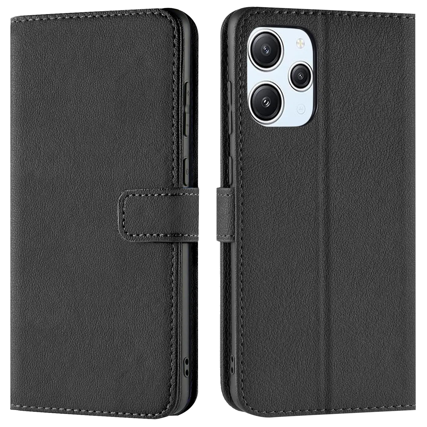 Schwarze Leder-Klapphülle, Vorder- und Rückansicht, mit Kartenfächern, für Xiaomi Redmi 12