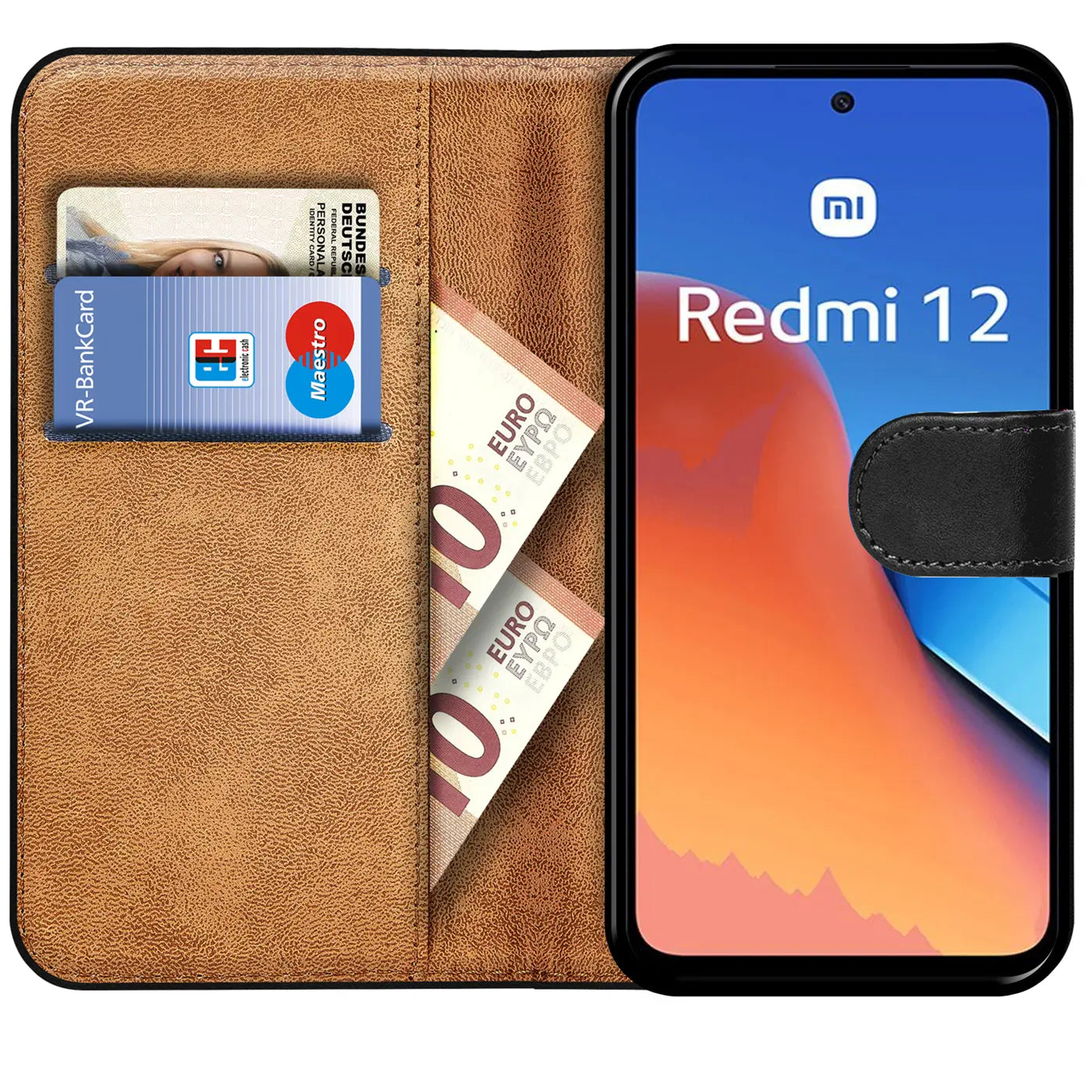 Braune Kunstleder-Klapphülle mit Kartenfächern und Geldscheinfach, zeigt Xiaomi Redmi 12.