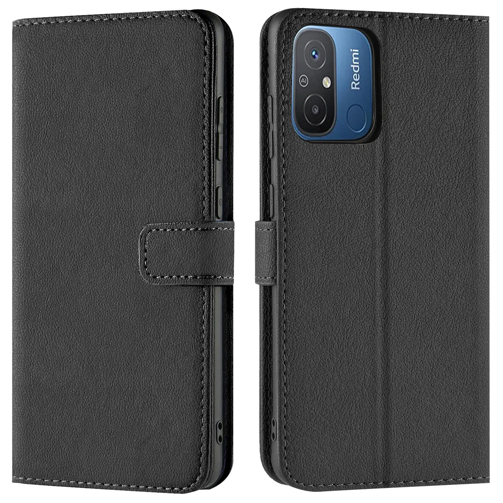 Schwarze Kunstleder-Klapphülle mit Kartenfächern, Vorder- und Rückansicht, zeigt Xiaomi Redmi 12C