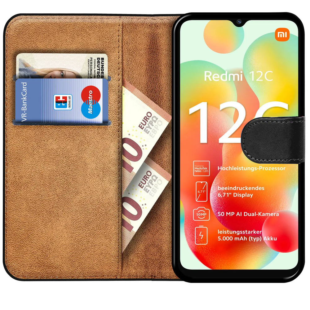 Braune Kunstleder-Klapphülle mit Kartenfächern, zeigt ein Xiaomi Redmi 12C.