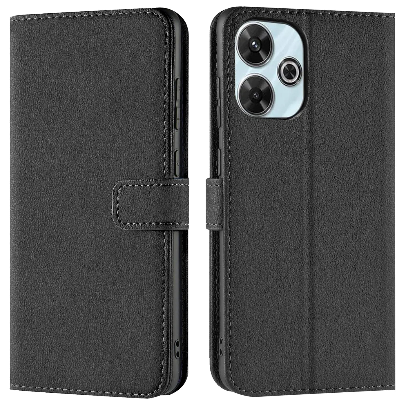 Schwarze Leder-Klapphülle mit Kartenfächern, Vorder- und Rückansicht, für Xiaomi Redmi 13