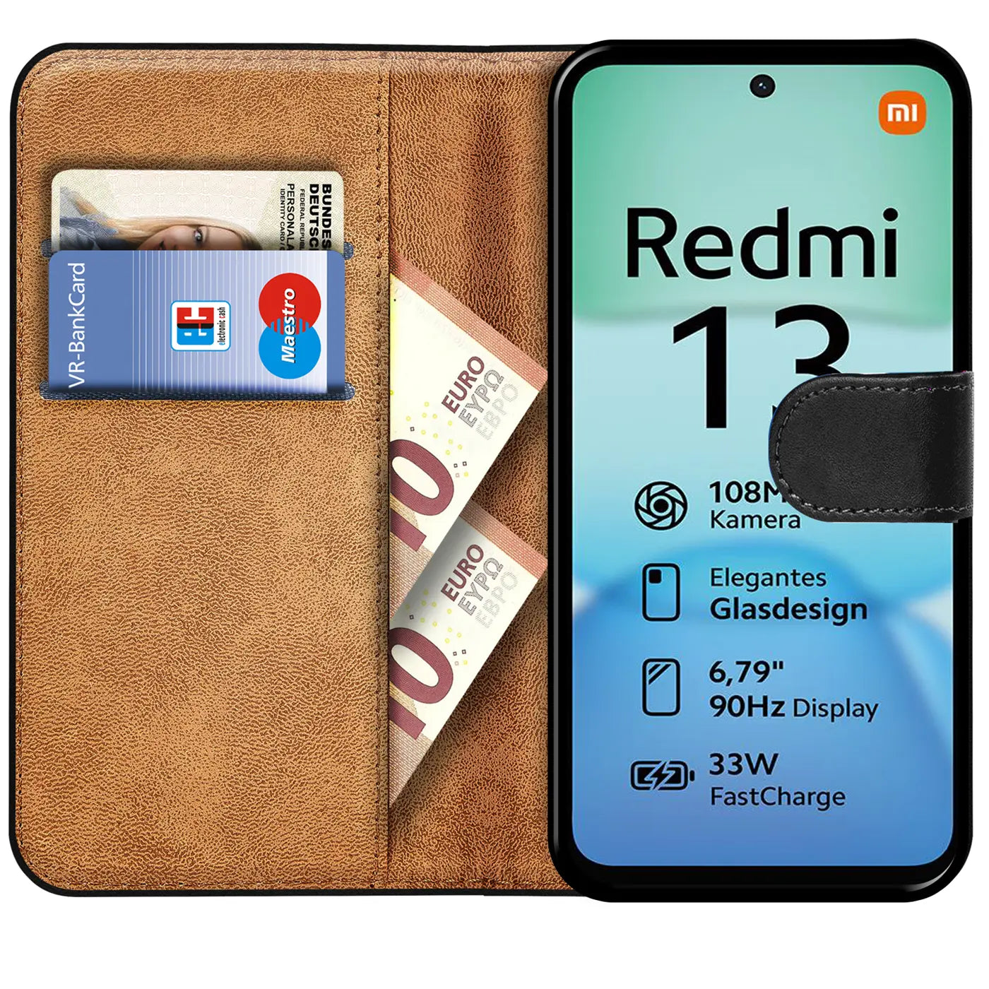 Braune Kunstleder-Klapphülle mit Kartenfächern und Geldscheinfach, zeigt Xiaomi Redmi 13.
