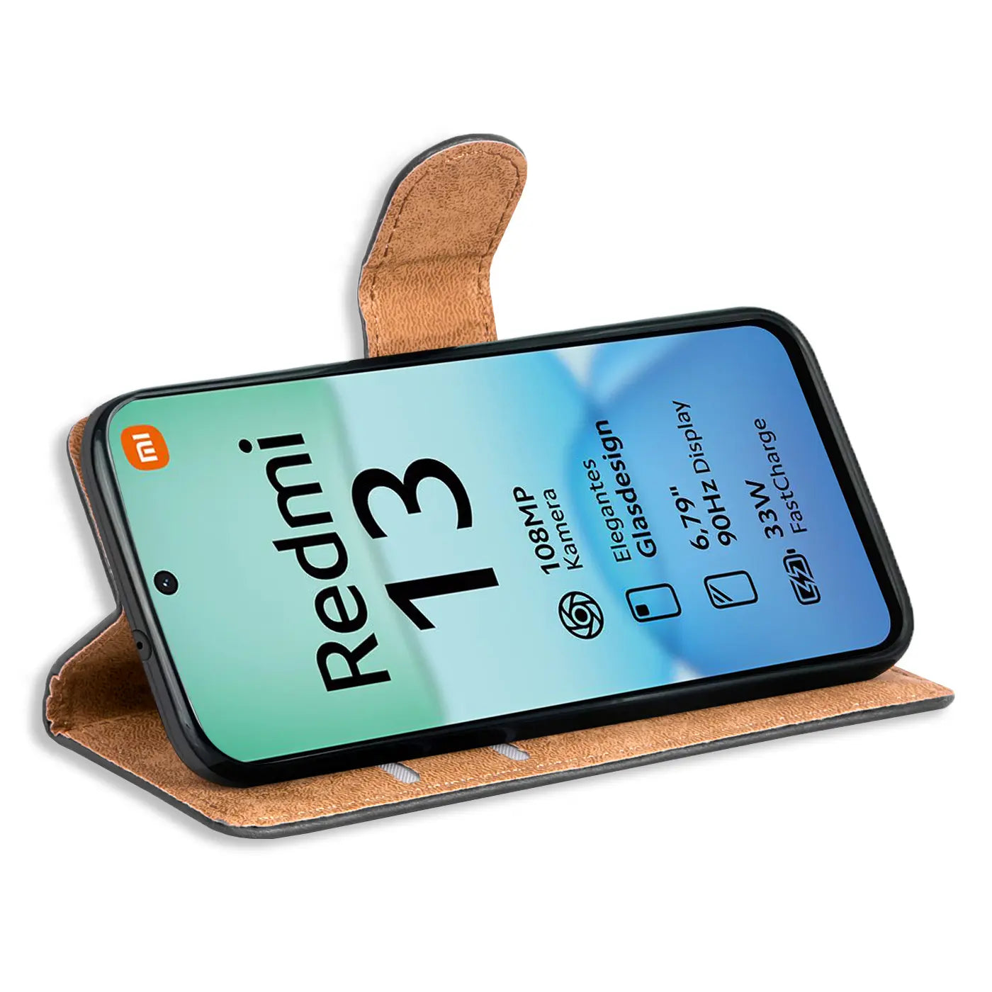 Braune Kunstleder-Klapphülle mit Kartenfächern, zeigt Xiaomi Redmi 13.