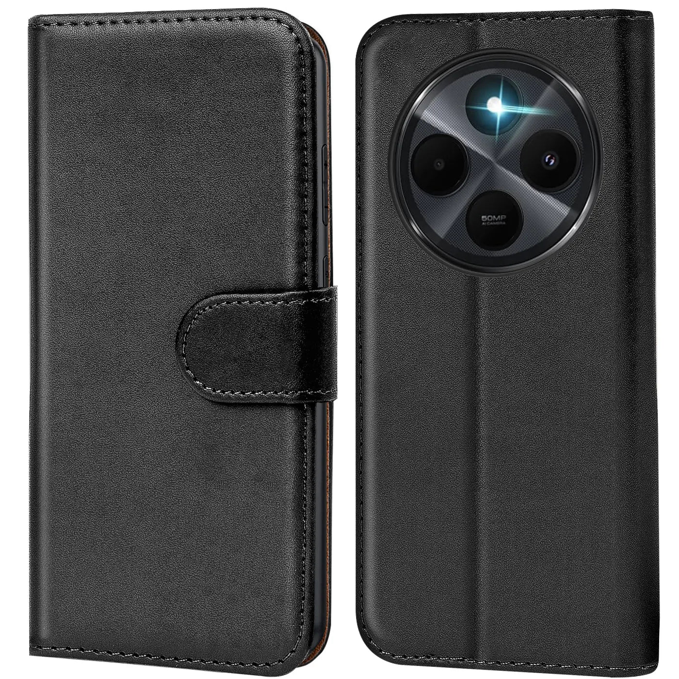 Schwarze Leder-Klapphülle mit Kartenfächern, Vorder- und Rückansicht, für Xiaomi Redmi 14C.
