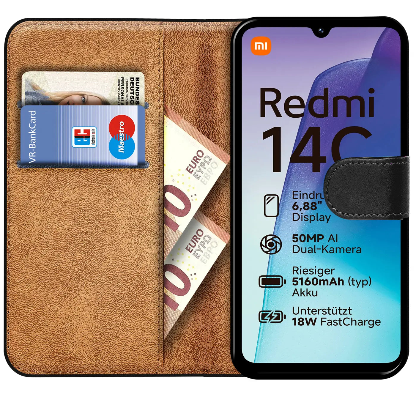 Braune Kunstleder-Klapphülle mit Kartenfächern, zeigt Xiaomi Redmi 14C.