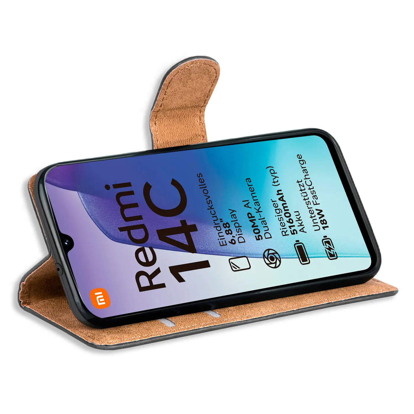 Braune Kunstleder-Klapphülle mit Kartenfächern, zeigt Xiaomi Redmi 14C, von vorne