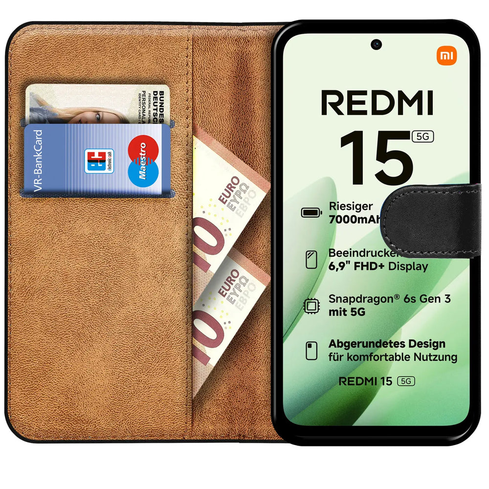 Xiaomi Redmi 15 4G/5G Klapphülle in Schwarz mit Kartenfächern und Schutz