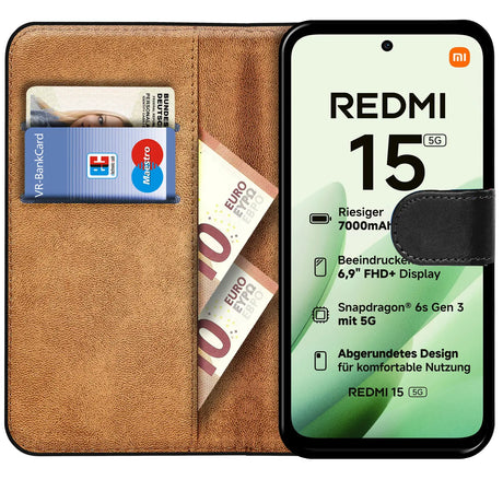 Xiaomi Redmi 15 4G/5G Klapphülle in Schwarz mit Kartenfächern und Schutz