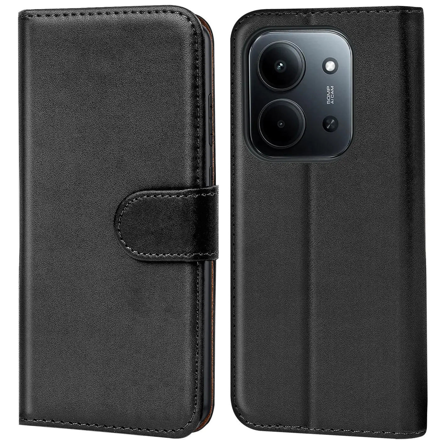 Schwarze Leder-Klapphülle mit Kartenfächern, Vorder- und Rückansicht, zeigt Kamera des Xiaomi Redmi 15C.