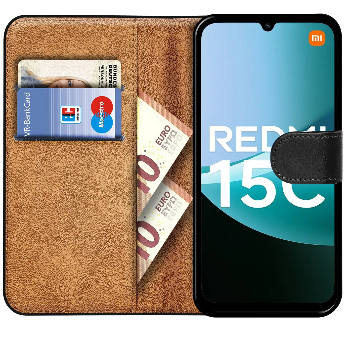 Braune Kunstleder-Klapphülle mit Kartenfächern und Geldscheinfach, zeigt Xiaomi Redmi 15C.