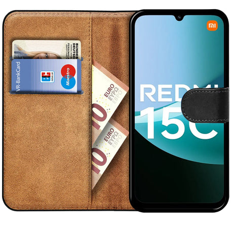 Xiaomi Redmi 15C Klapphülle in Schwarz mit Kartenfächern und Schutz