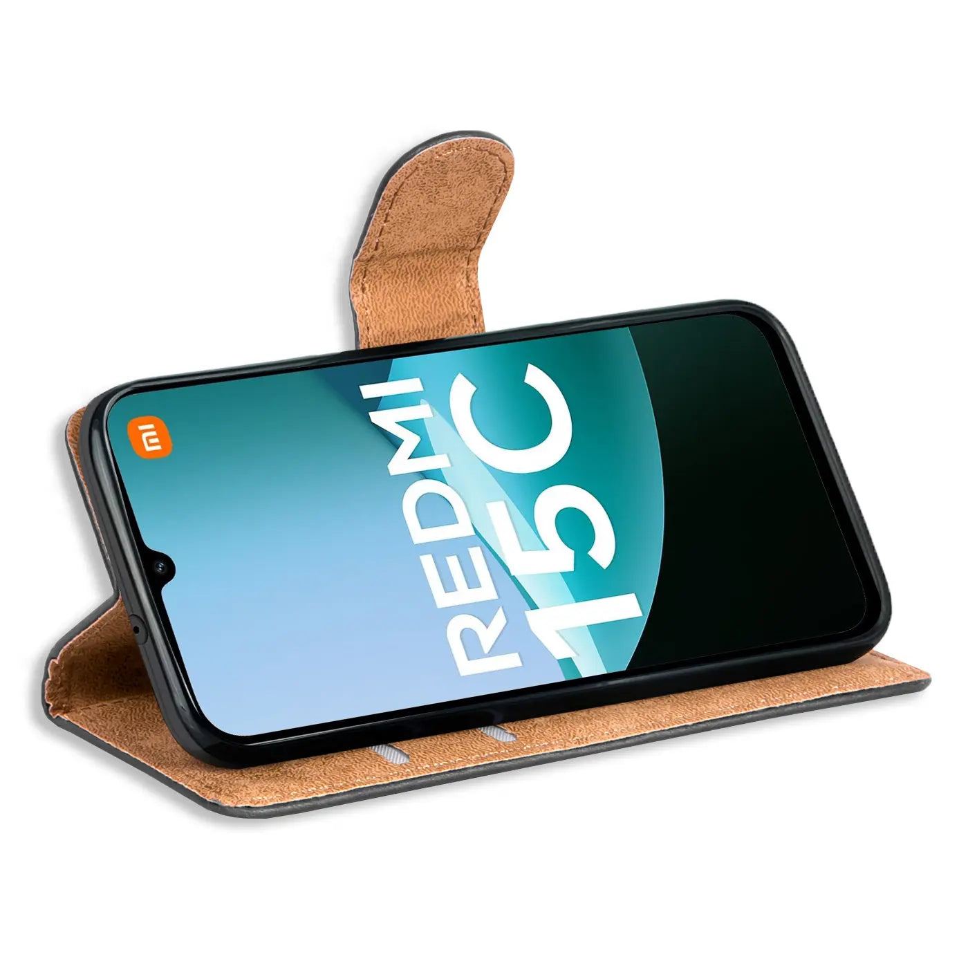 Braune Kunstleder-Klapphülle mit Kartenfächern, zeigt Xiaomi Redmi 15C.