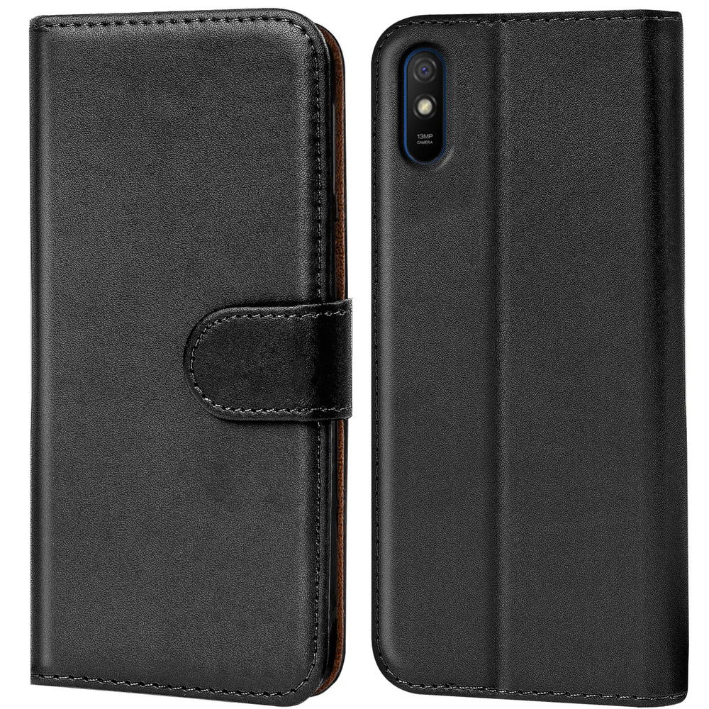Schwarze Leder-Klapphülle mit Kartenfächern, Vorder- und Rückansicht, für Xiaomi Redmi 9A.