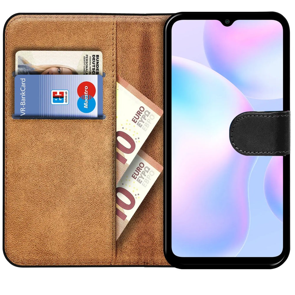 Braun Kunstleder Klapphülle mit Kartenfächern, zeigt Xiaomi Redmi 9A.