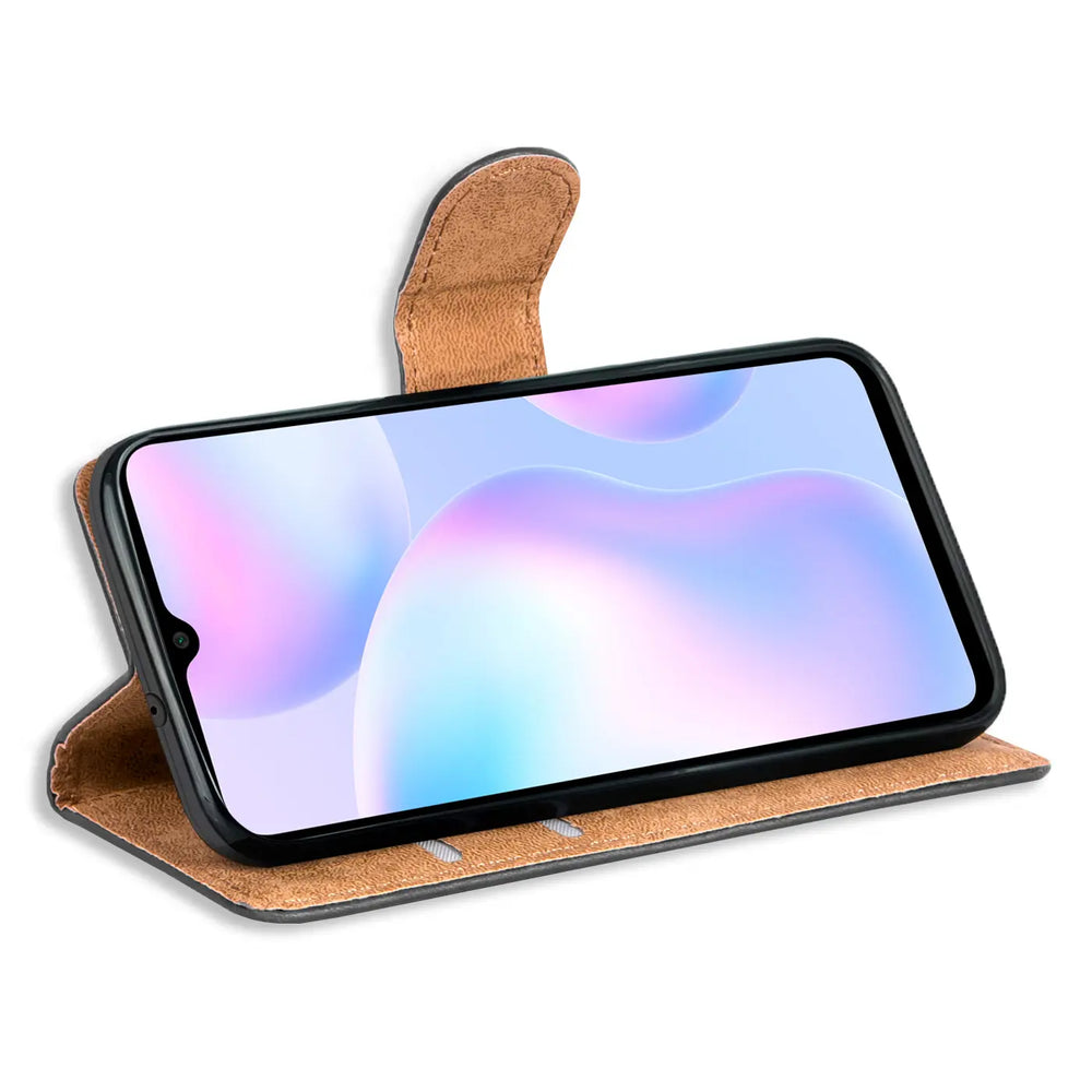 Braunes Leder-Klapphülle mit Kartenfächern, Xiaomi Redmi 9A, Seitenansicht