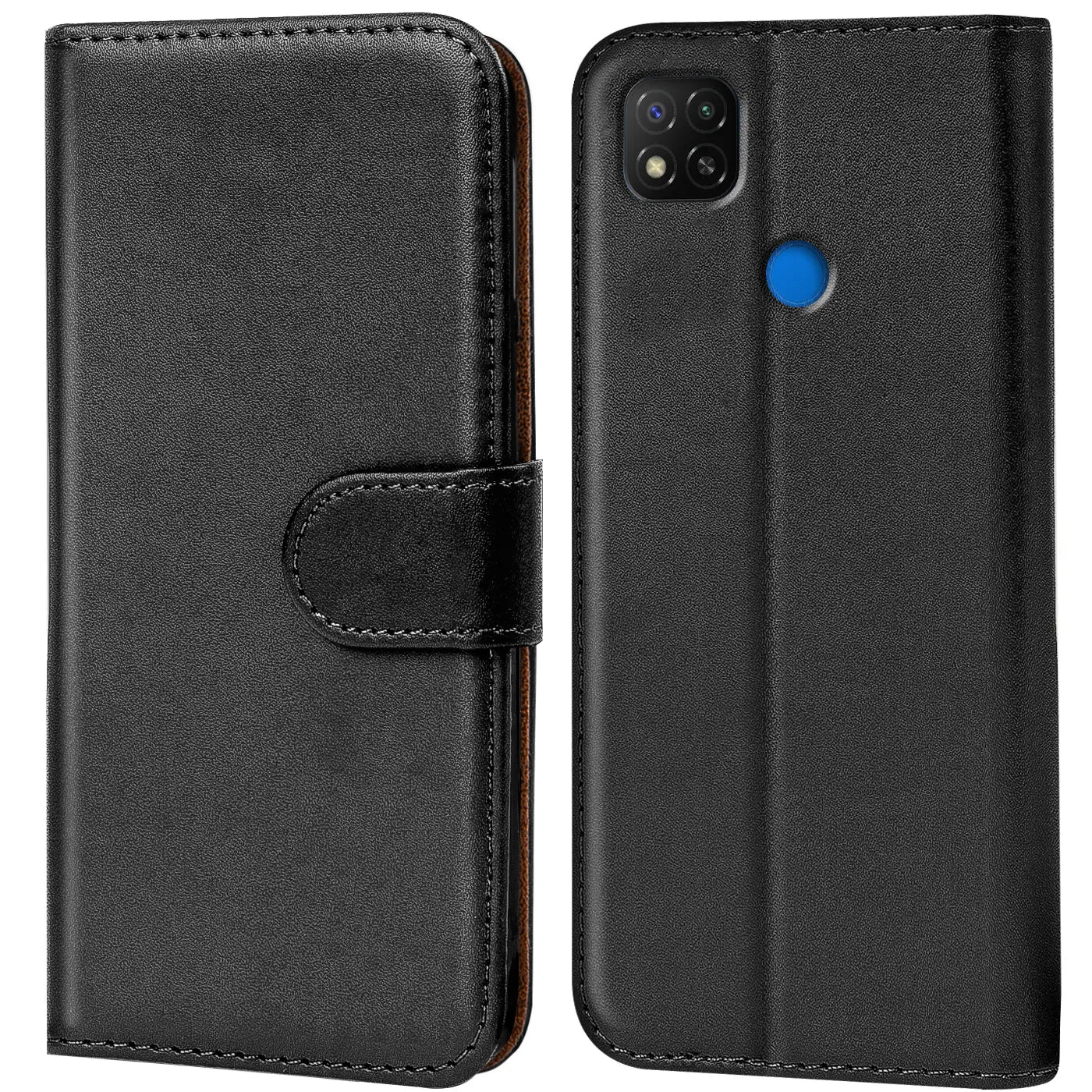 Schwarze Kunstleder-Klapphülle mit Kartenfächern, Vorder- und Rückansicht, für Xiaomi Redmi 9C.