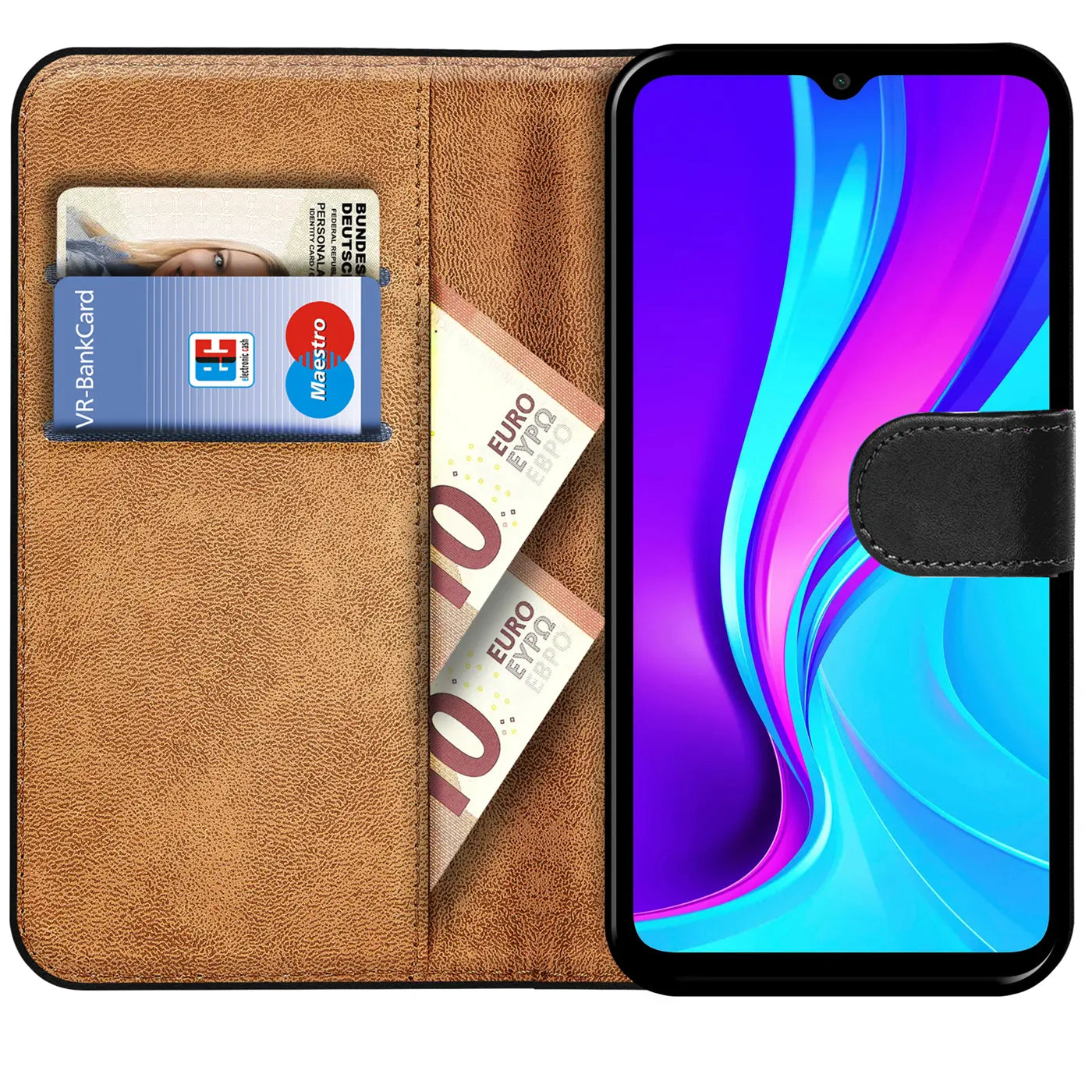 Braune Kunstleder-Klapphülle mit Kartenfächern und Xiaomi Redmi 9C.