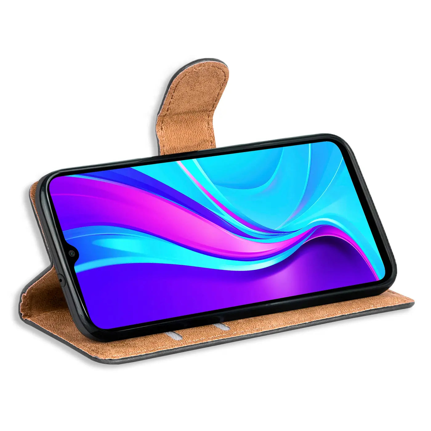 Braune Kunstleder-Klapphülle mit Kartenfächern für Xiaomi Redmi 9C, Seitenansicht.