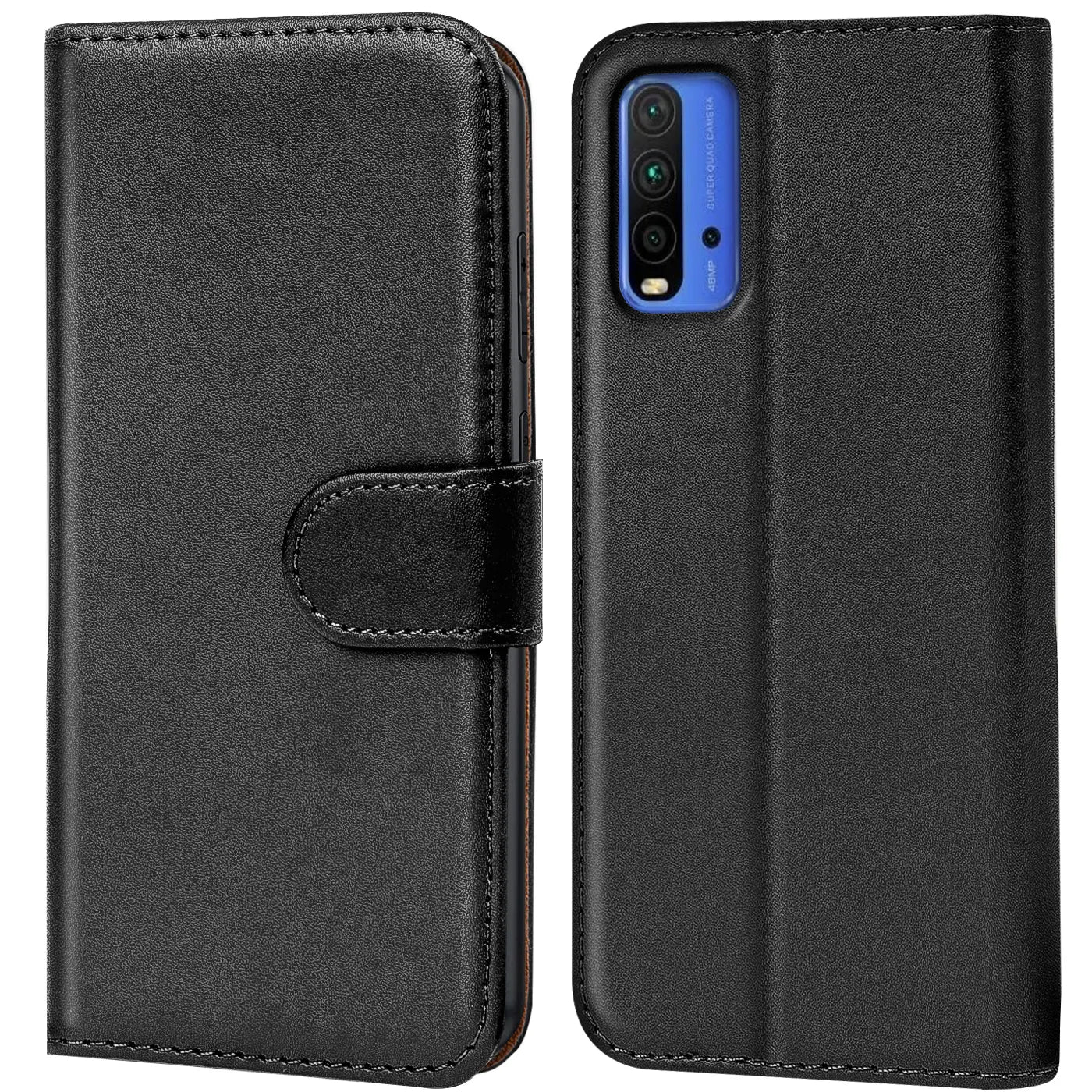 Schwarze Leder-Klapphülle mit Kartenfächern, Vorder- und Rückansicht, Xiaomi Redmi 9T.