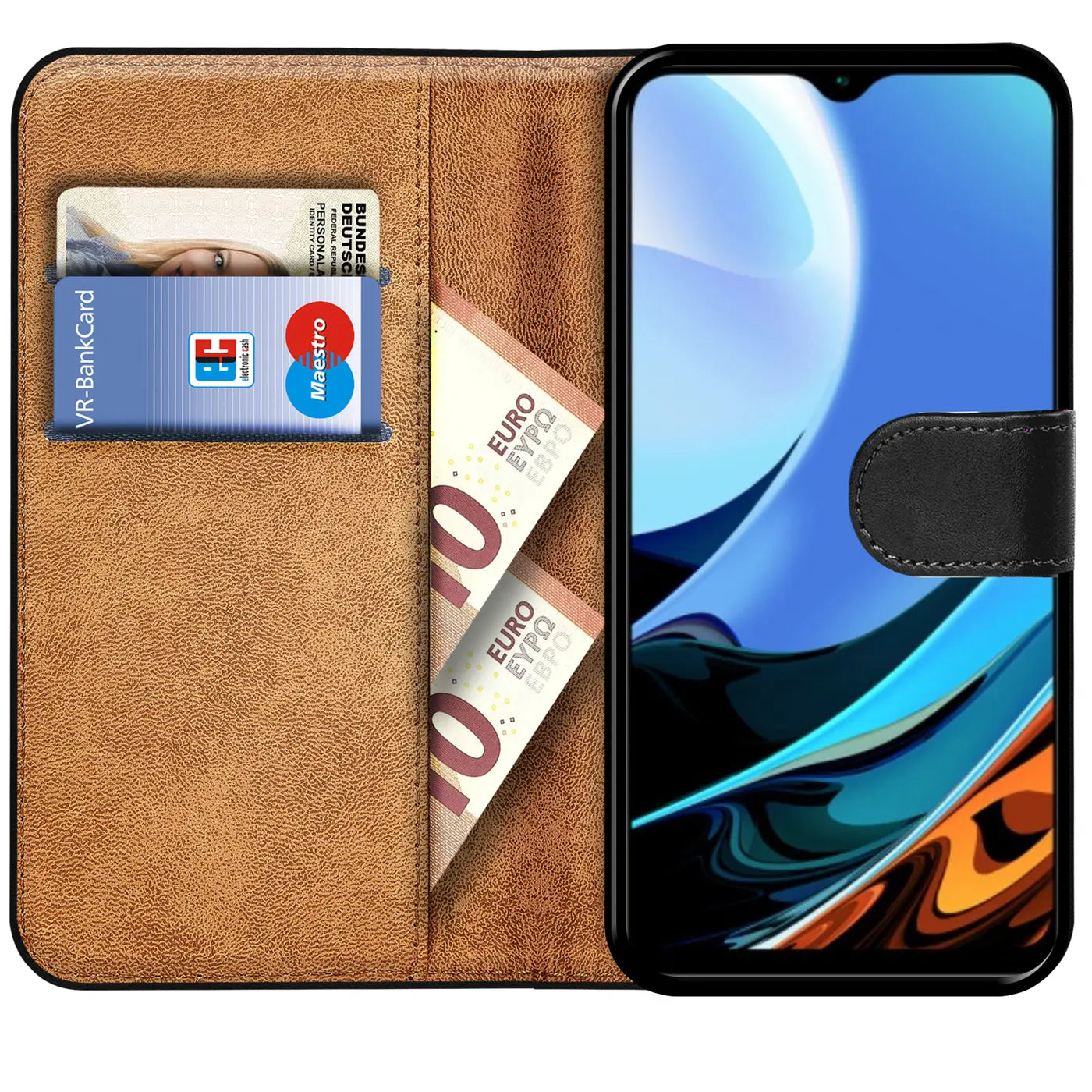 Braune Kunstleder-Klapphülle mit Kartenfächern für Xiaomi Redmi 9T, von vorne