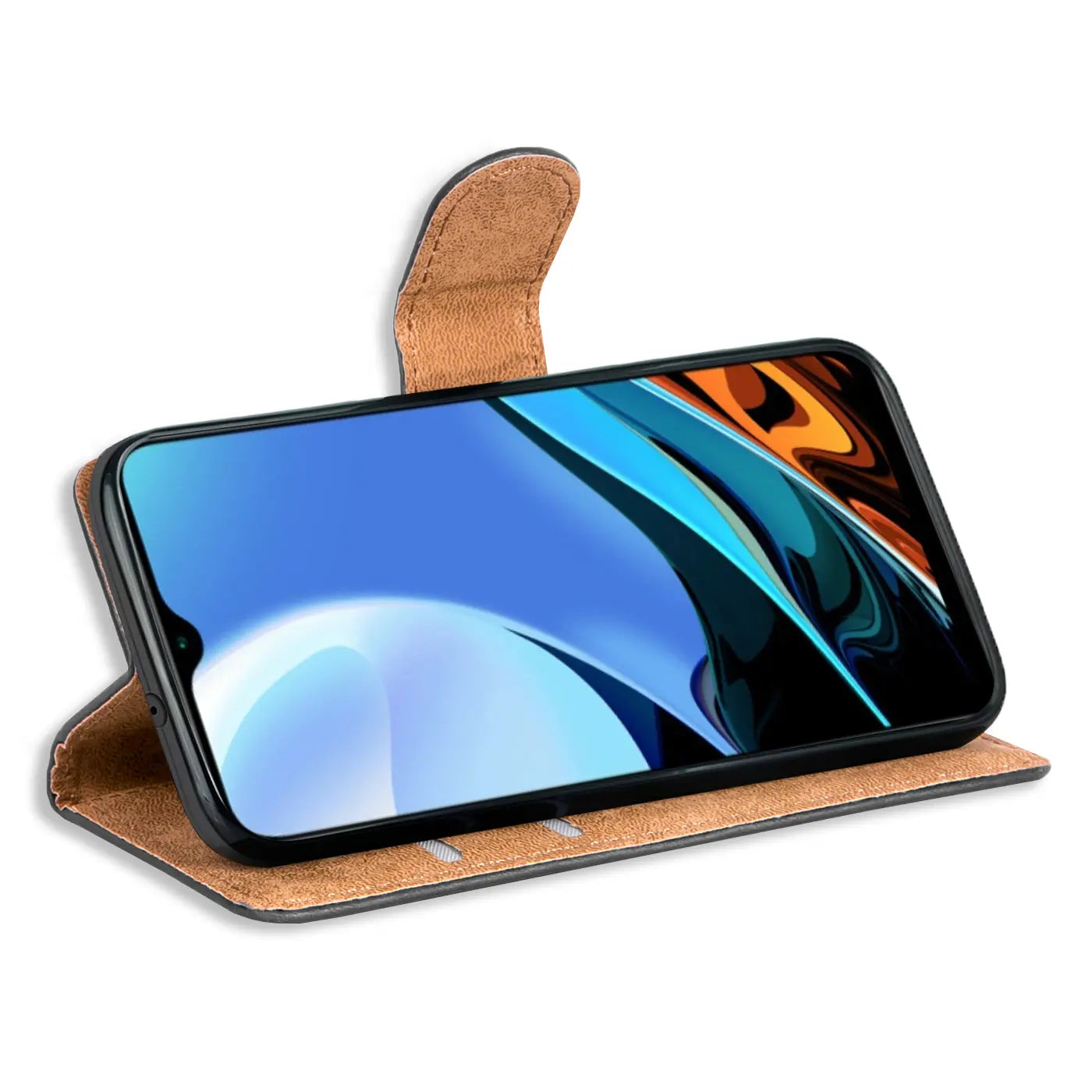 Braune Kunstleder-Klapphülle mit Kartenfächern, seitliche Ansicht, zeigt Xiaomi Redmi 9T.