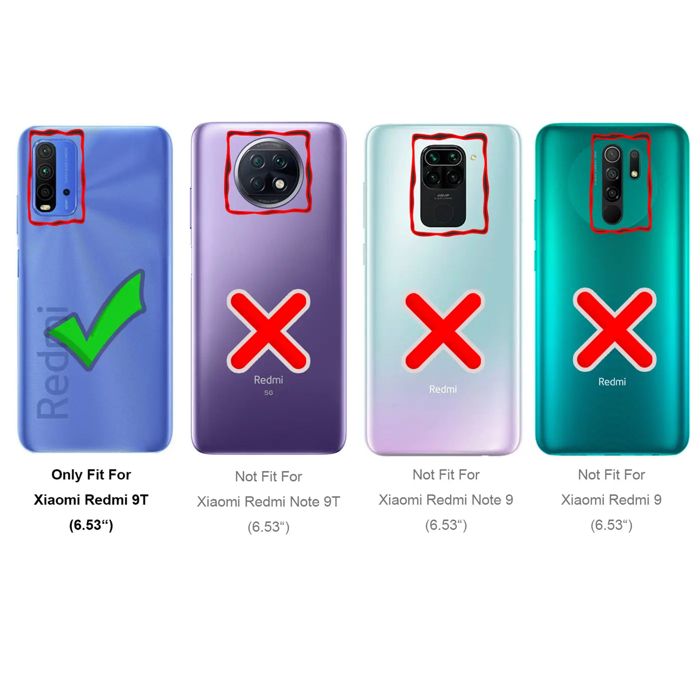 Vier Handy-Rückseiten: Blau mit Haken, Lila, Hellblau, Grün mit Kreuzen.