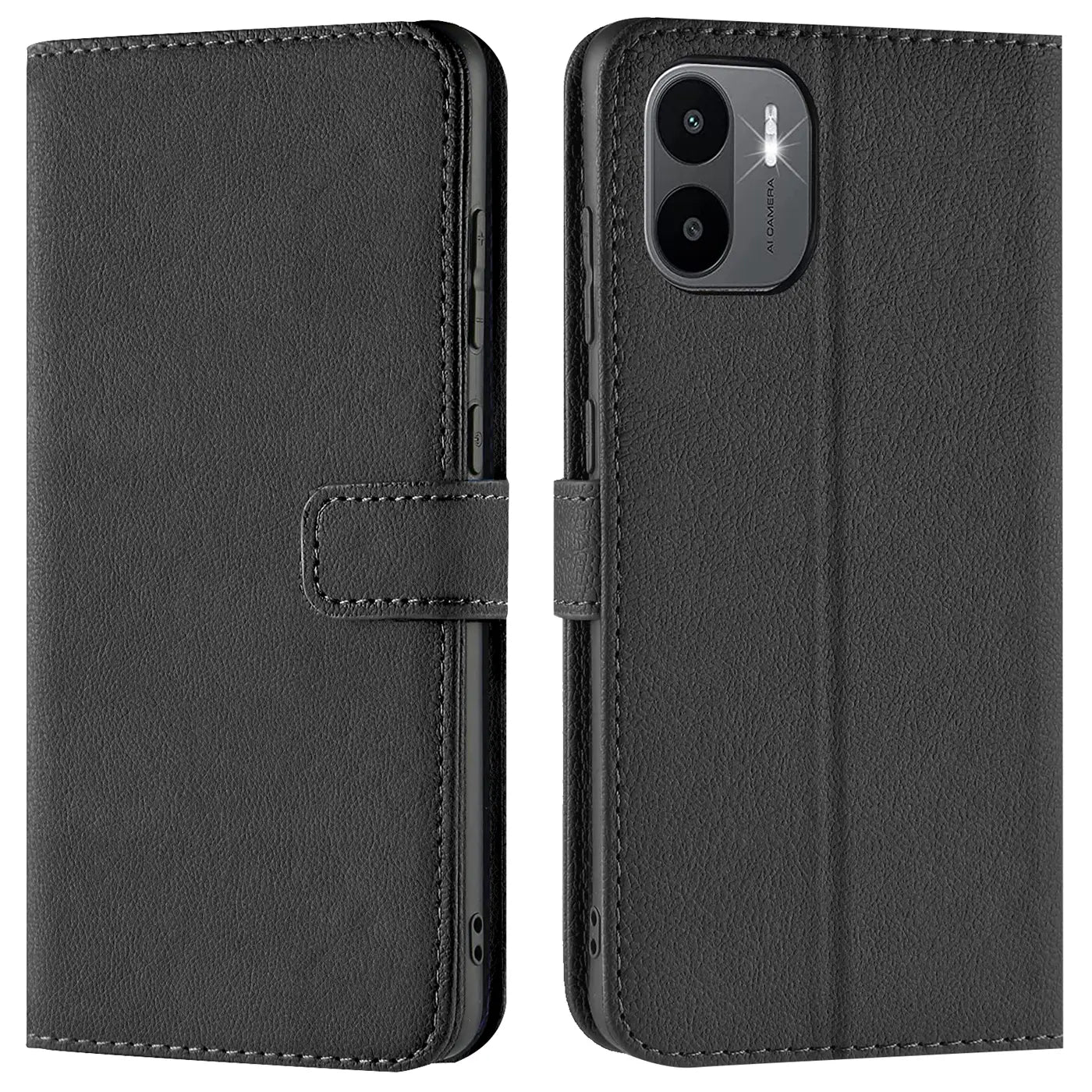 Schwarze Leder-Klapphülle, Vorder- und Rückansicht, für Xiaomi Redmi A1.