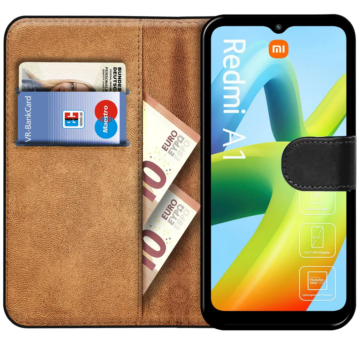 Braune Kunstleder-Klapphülle mit Kartenfächern und Xiaomi Redmi A1, von vorne