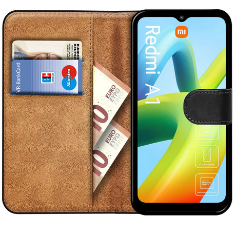 Xiaomi Redmi A1 Klapphülle in Schwarz mit Kartenfächern und Schutz