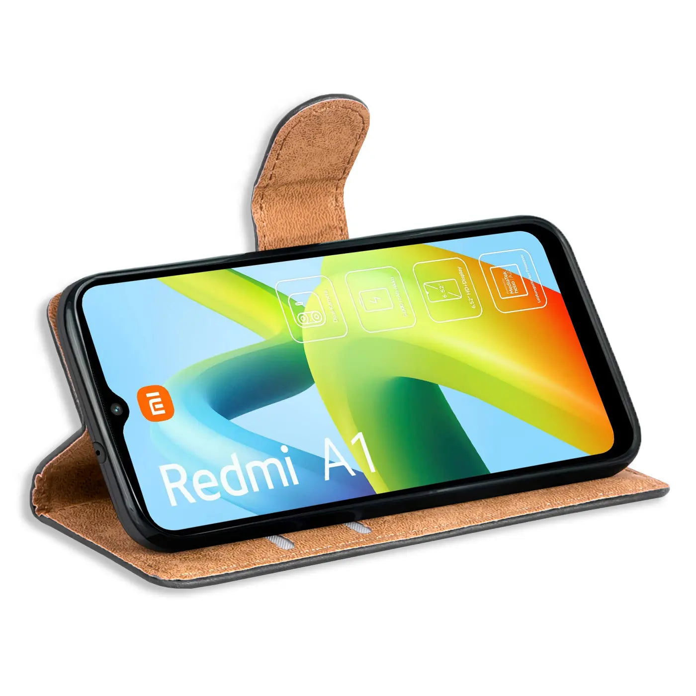 Braune Kunstleder-Klapphülle mit Kartenfächern, zeigt Xiaomi Redmi A1 von vorne.