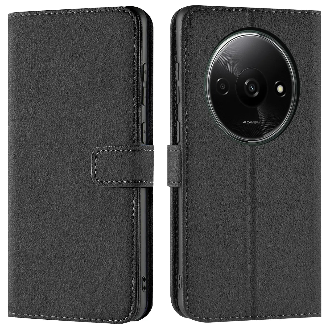 Schwarze Leder-Klapphülle mit Kartenfächern, Vorder- und Rückansicht, für Xiaomi Redmi A3.