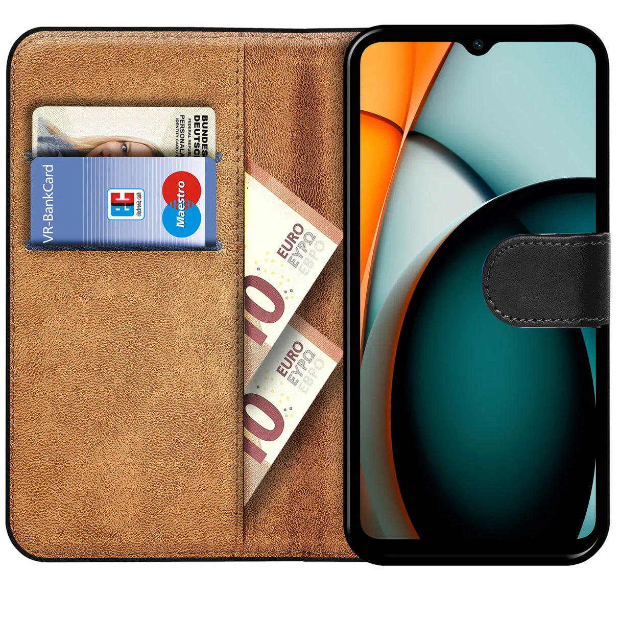 Xiaomi Redmi A3 Klapphülle in Schwarz mit Kartenfächern und Schutz