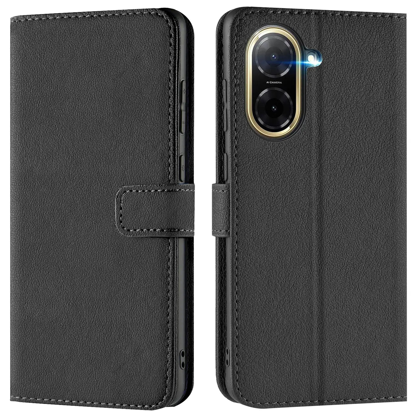 Schwarze Leder-Klapphülle mit Kartenfächern, Vorder- und Rückansicht, für Xiaomi Redmi A5.