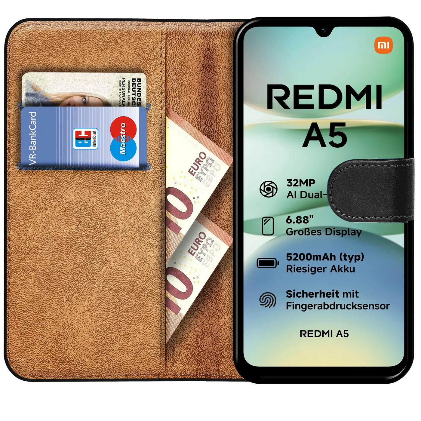 Braune Kunstleder-Klapphülle mit Kartenfächern und Geldscheinfach, zeigt ein Xiaomi Redmi A5.