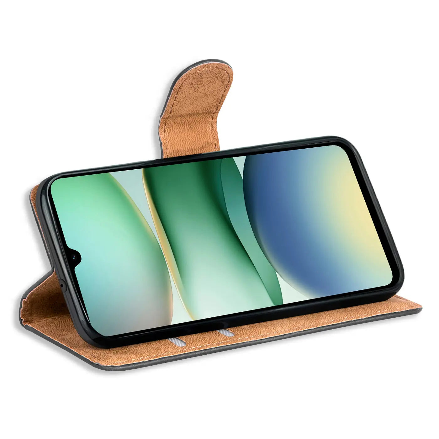 Braune Leder-Klapphülle mit Kartenfächern, zeigt ein Smartphone in der Mitte, von vorne.