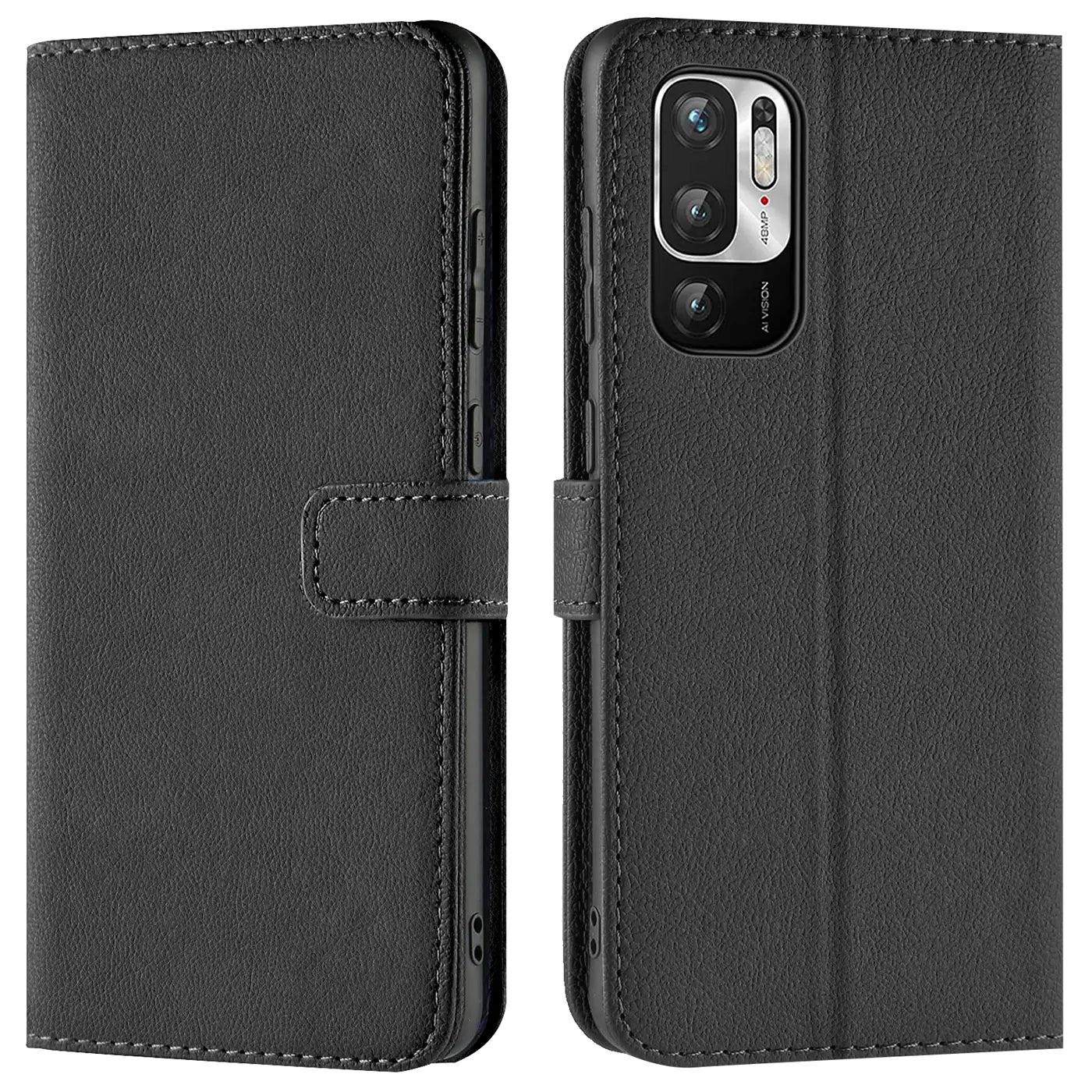 Schwarze Leder-Klapphülle mit Kartenfächern, Vorder- und Rückansicht, für Xiaomi Redmi Note 10 5G.