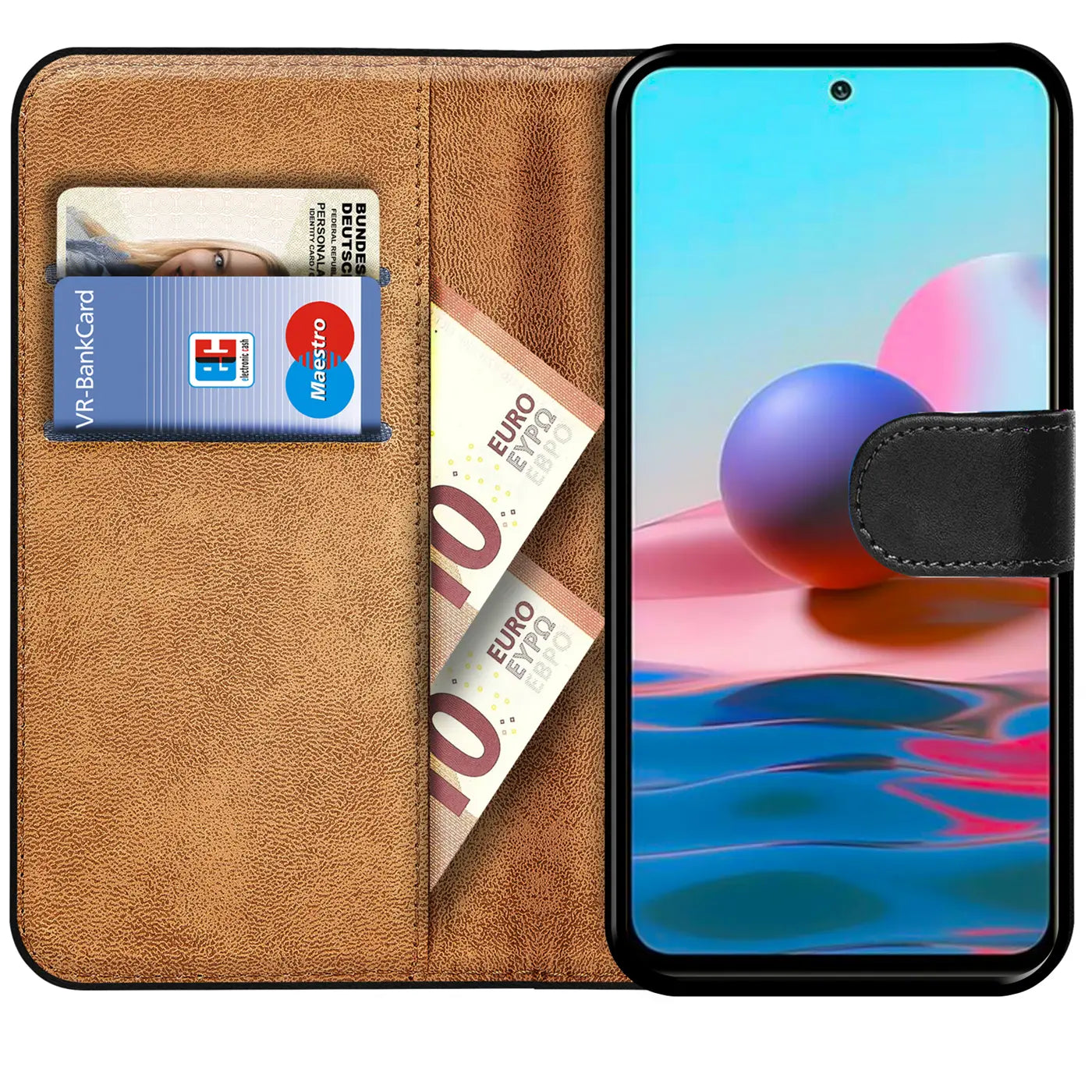 Braune Leder-Klapphülle mit Kartenfächern und Geldscheinen, zeigt Xiaomi Redmi Note 10 5G.