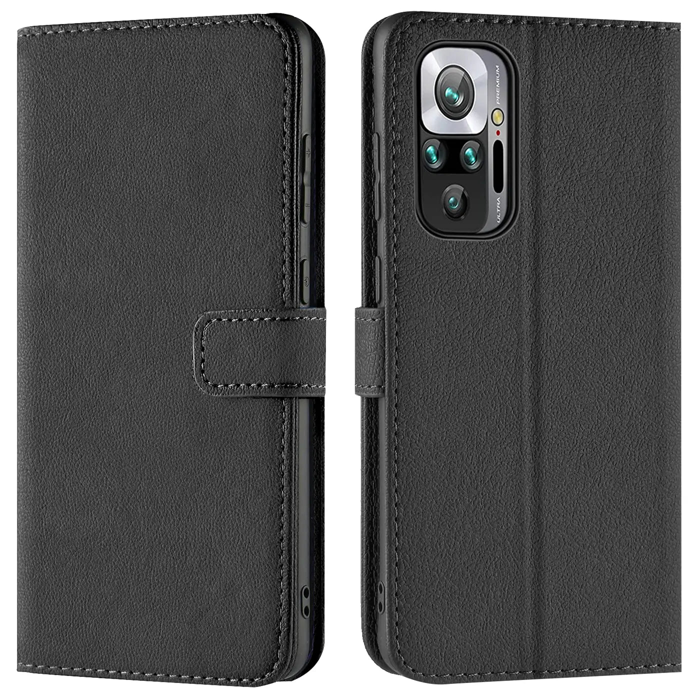 Schwarze Leder-Klapphülle mit Kartenfächern, Vorder- und Rückansicht, Xiaomi Redmi Note 10 Pro.