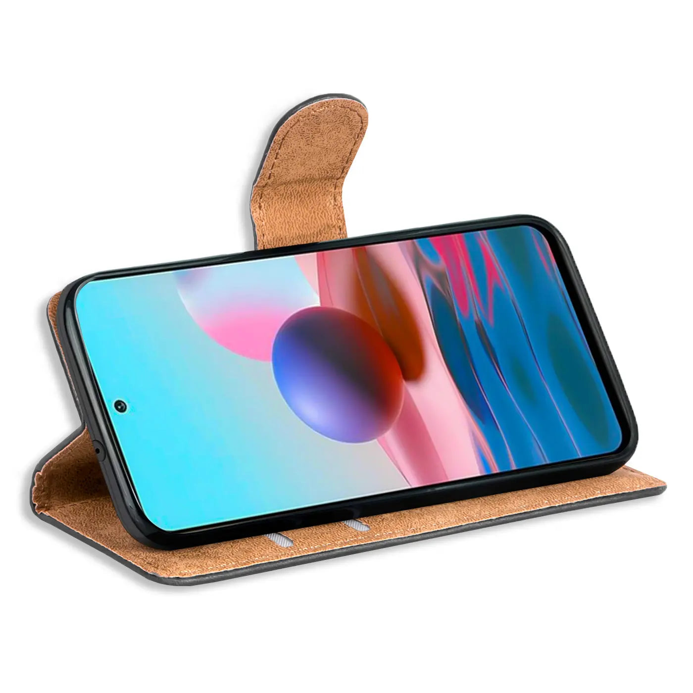 Braune Kunstleder-Klapphülle mit Kartenfächern, zeigt Xiaomi Redmi Note 10 Pro.