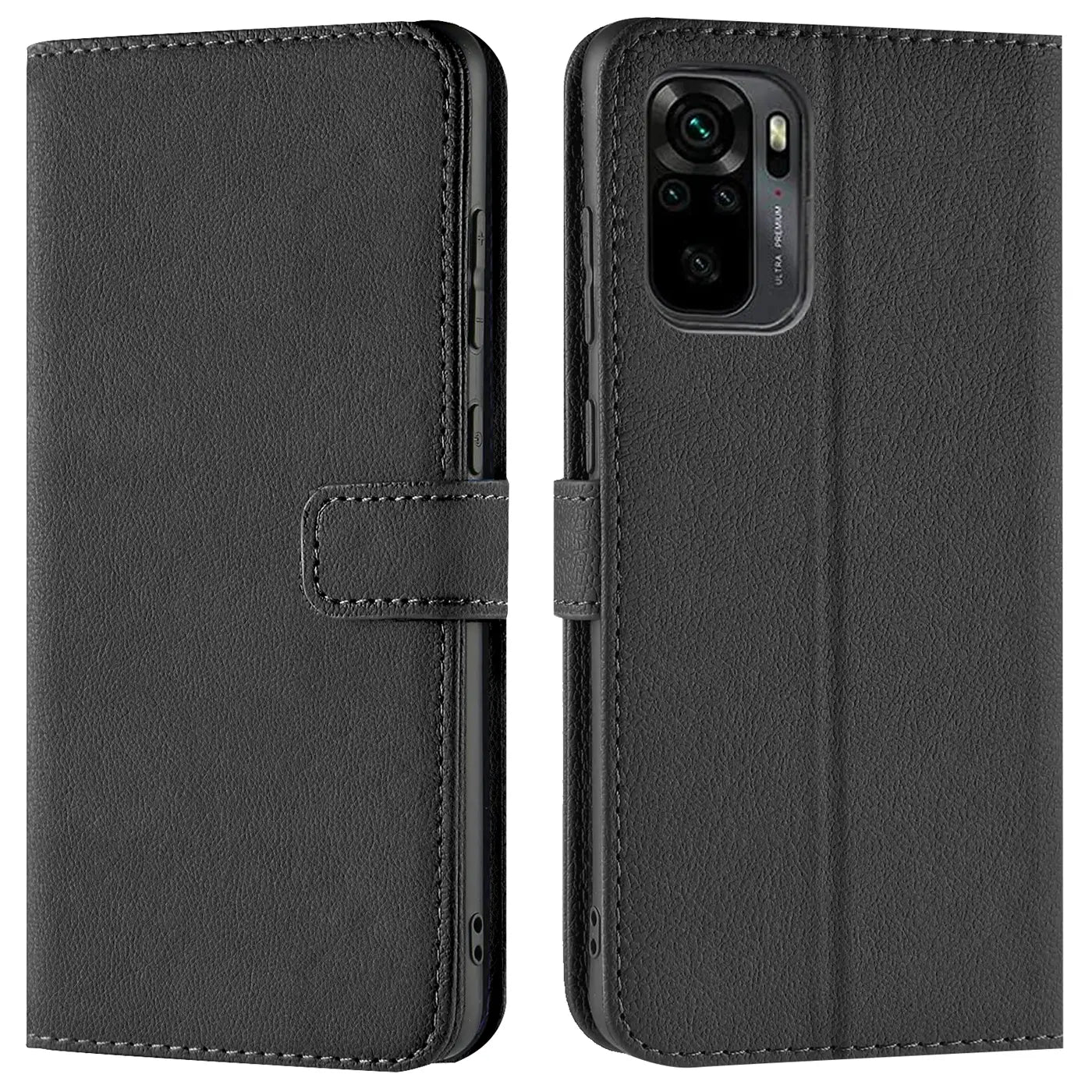 Schwarze Leder-Klapphülle mit Kartenfächern, Vorder- und Rückansicht, mit Xiaomi Redmi Note 10 / 10S