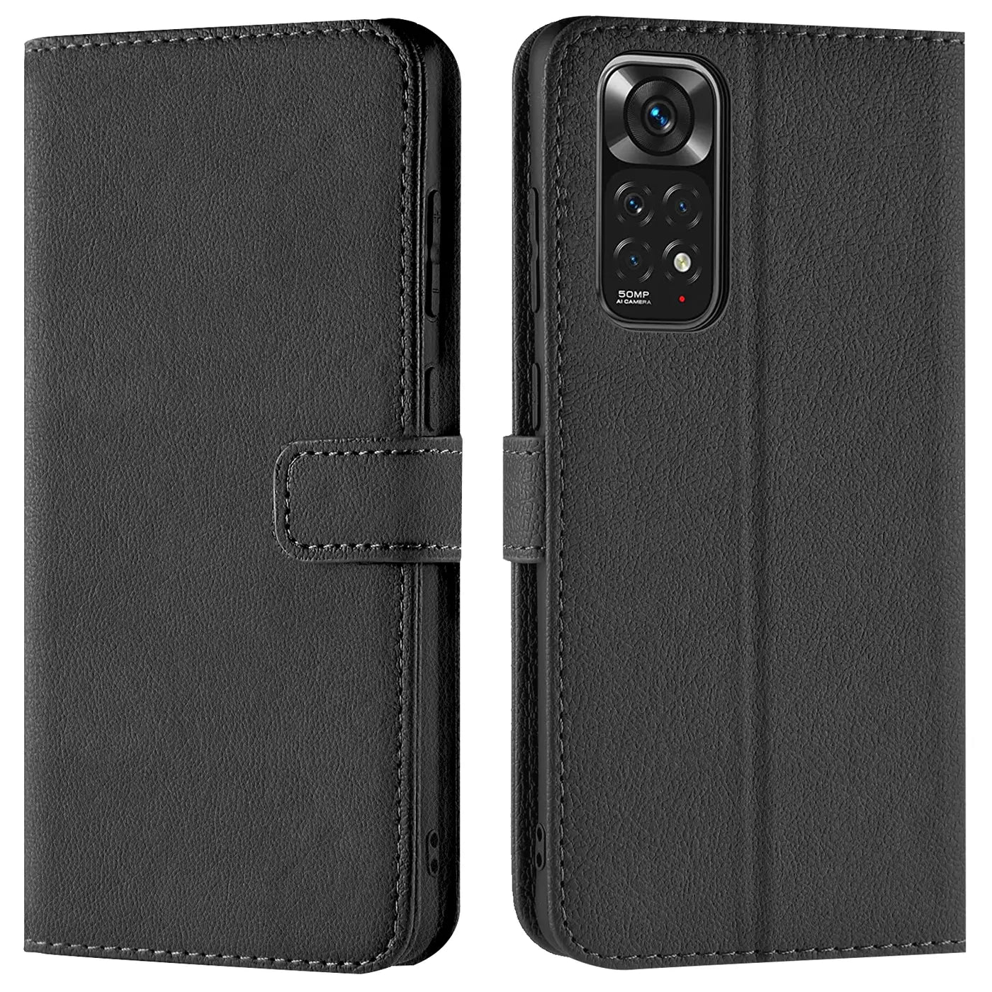 Schwarze Kunstleder-Klapphülle, Vorder- und Rückansicht, mit sichtbarer Kamera des Xiaomi Redmi Note 11 / 11s.