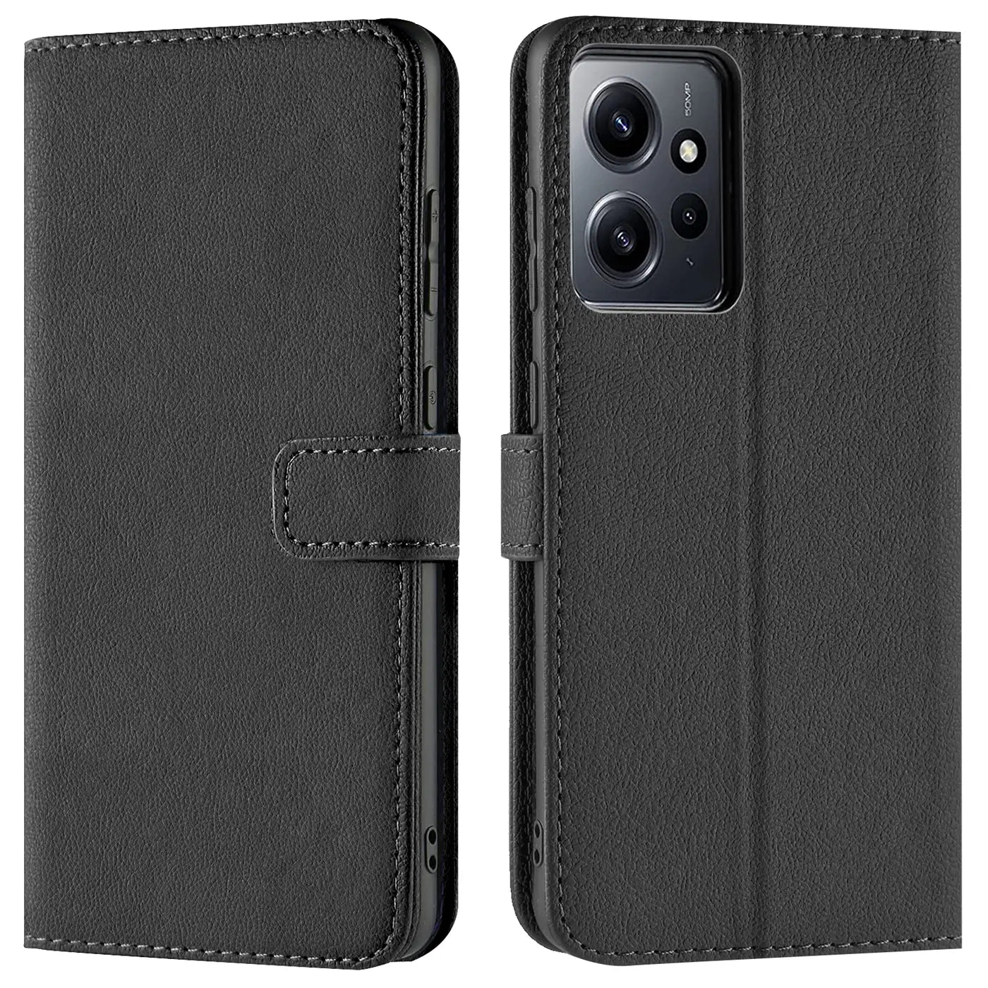 Schwarze Leder-Klapphülle mit Kartenfächern, Vorder- und Rückansicht, für Xiaomi Redmi Note 12 4G.