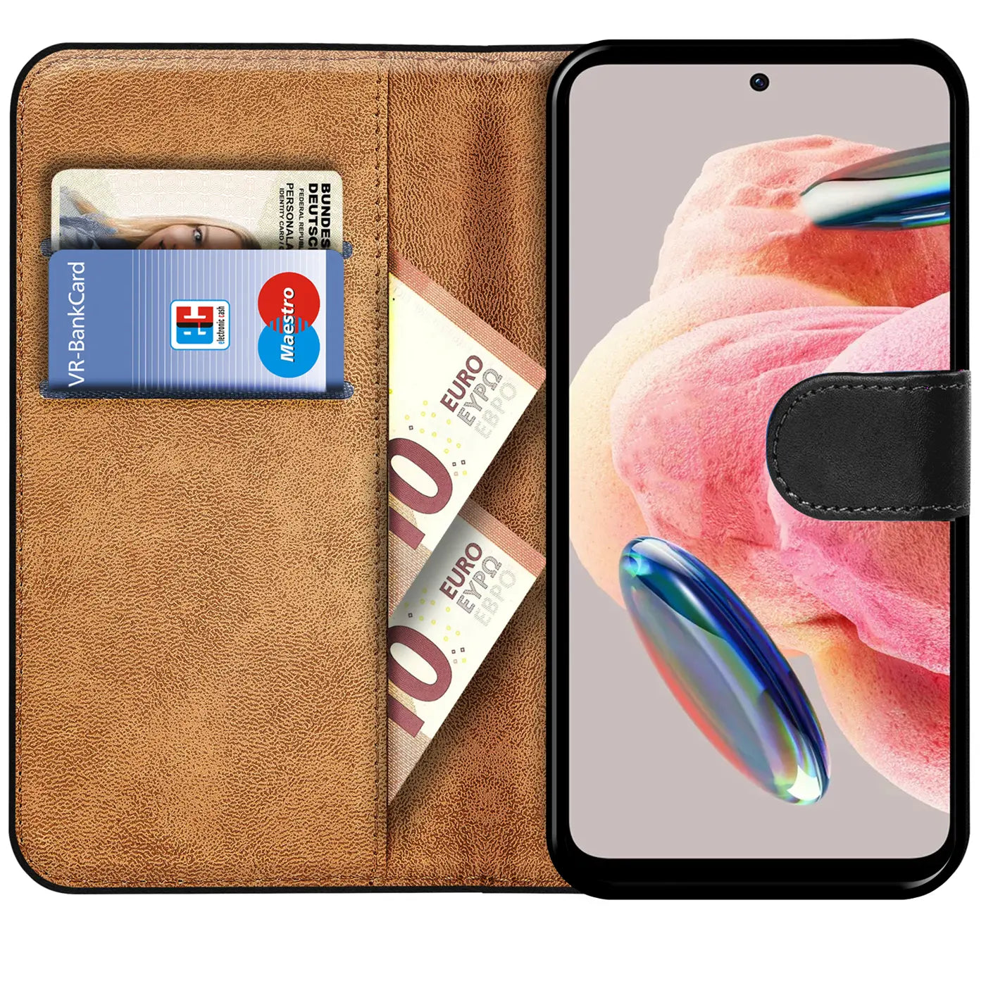 Braune Kunstleder-Klapphülle mit Kartenfächern und Xiaomi Redmi Note 12 4G.