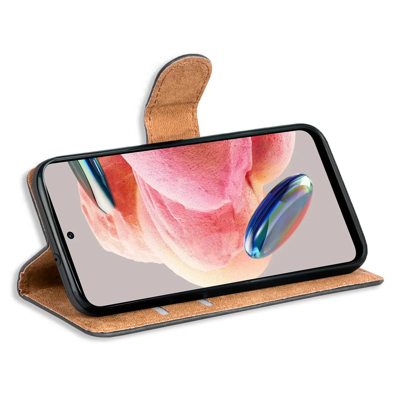 Braune Kunstleder-Klapphülle mit Kartenfächern, zeigt Xiaomi Redmi Note 12 4G.