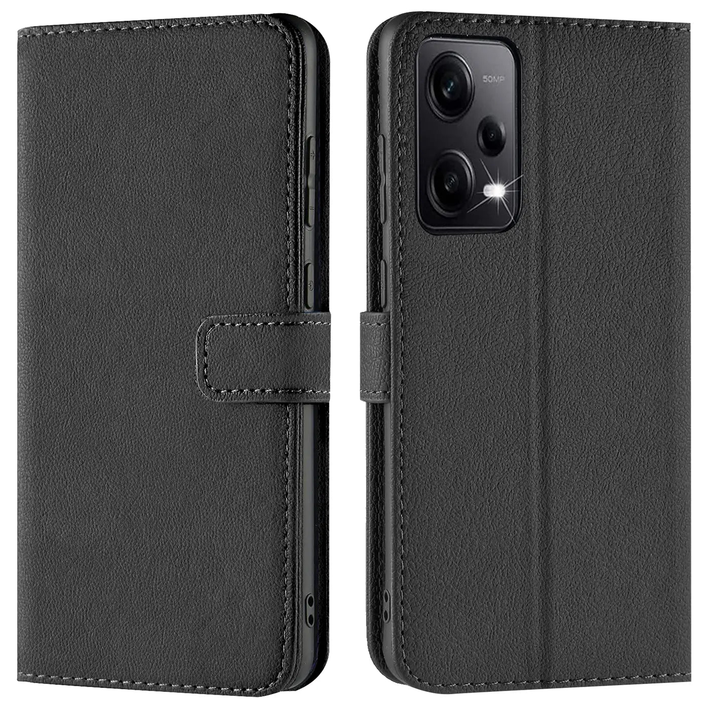 Schwarze Kunstleder-Klapphülle mit Kartenfächern, Vorder- und Rückansicht, zeigt Xiaomi Redmi Note 12 5G.