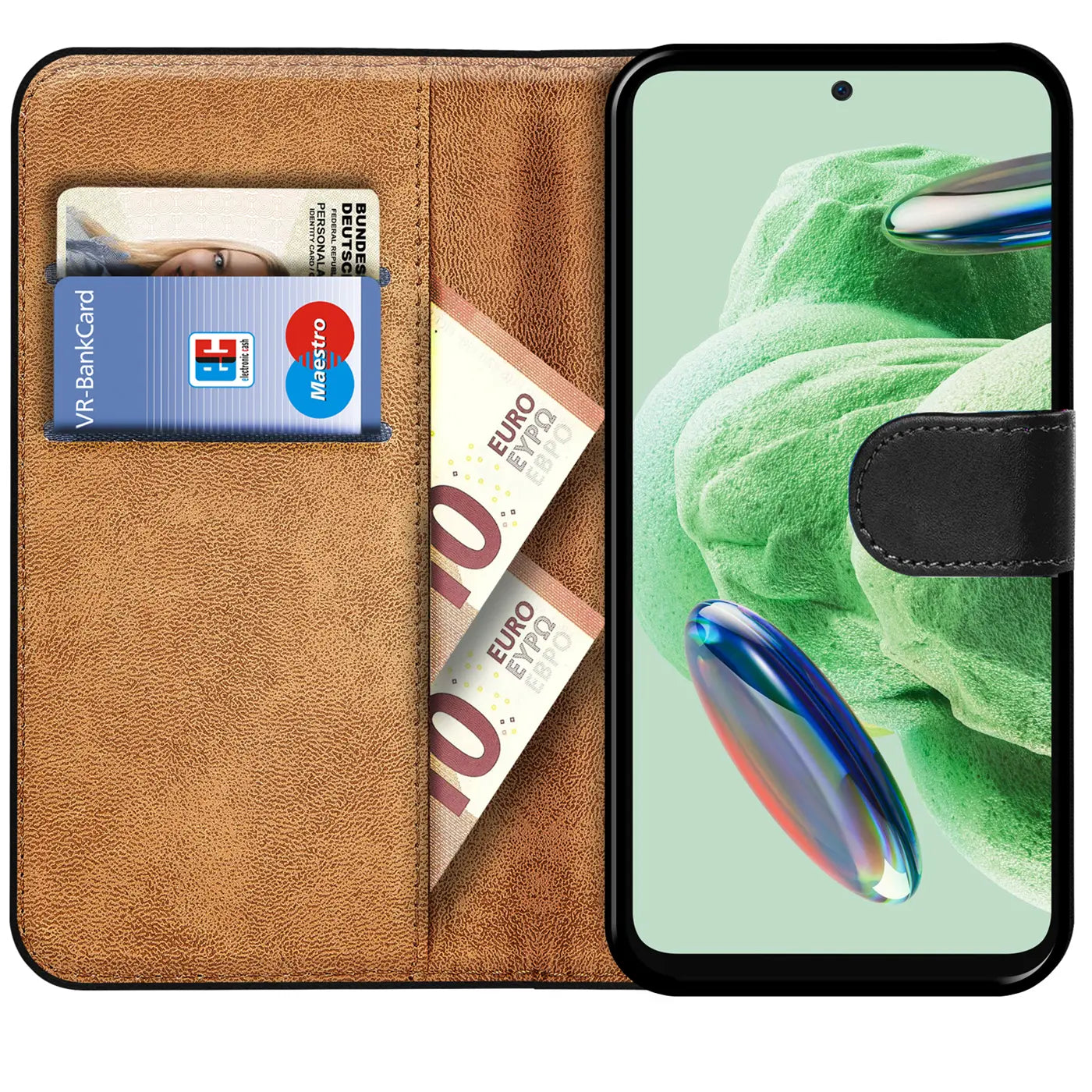 Braune Kunstleder-Klapphülle mit Kartenfächern und Xiaomi Redmi Note 12 5G.