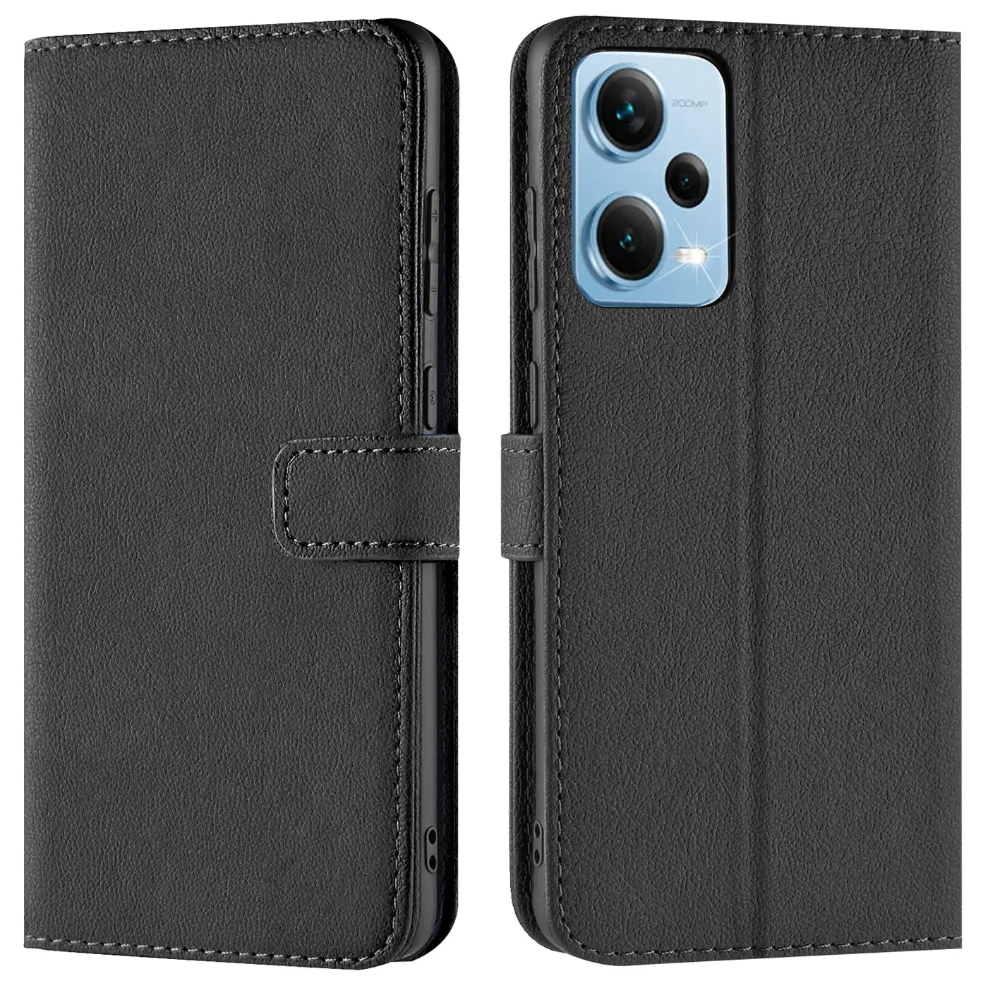 Schwarze Kunstleder-Klapphülle mit Kartenfächern, Vorder- und Rückansicht, zeigt Xiaomi Redmi Note 12 Pro 5G