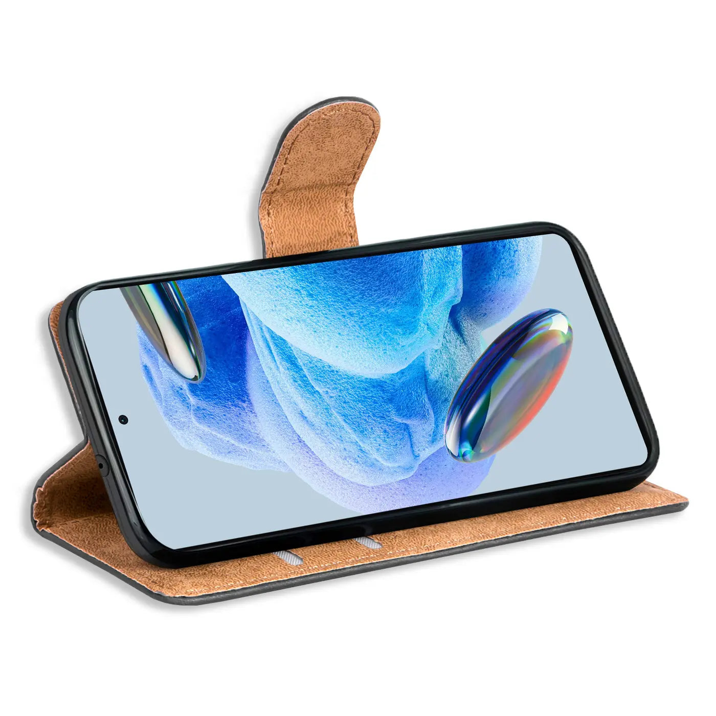 Braune Kunstleder-Klapphülle mit Kartenfächern, zeigt Xiaomi Redmi Note 12 Pro 5G.